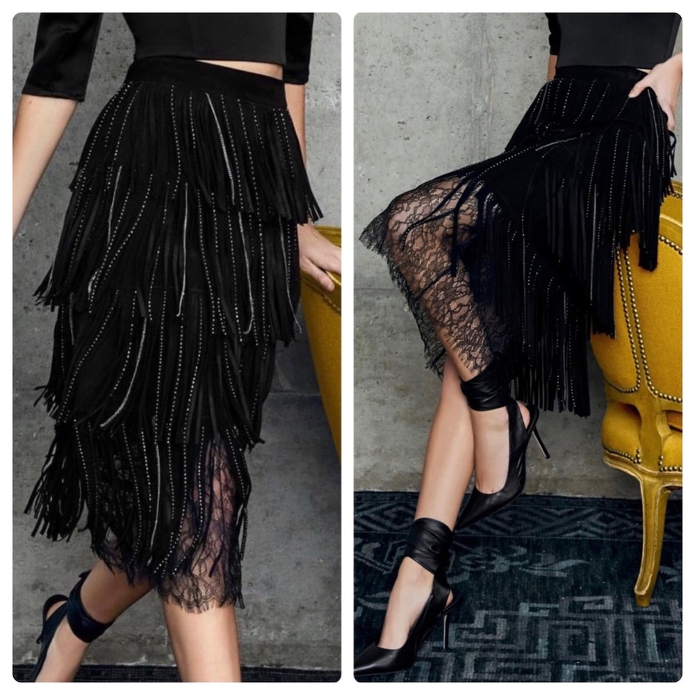 ALICE + OLIVIA Misha Suede Fringe Midi Skirt - Picture 5 of 13